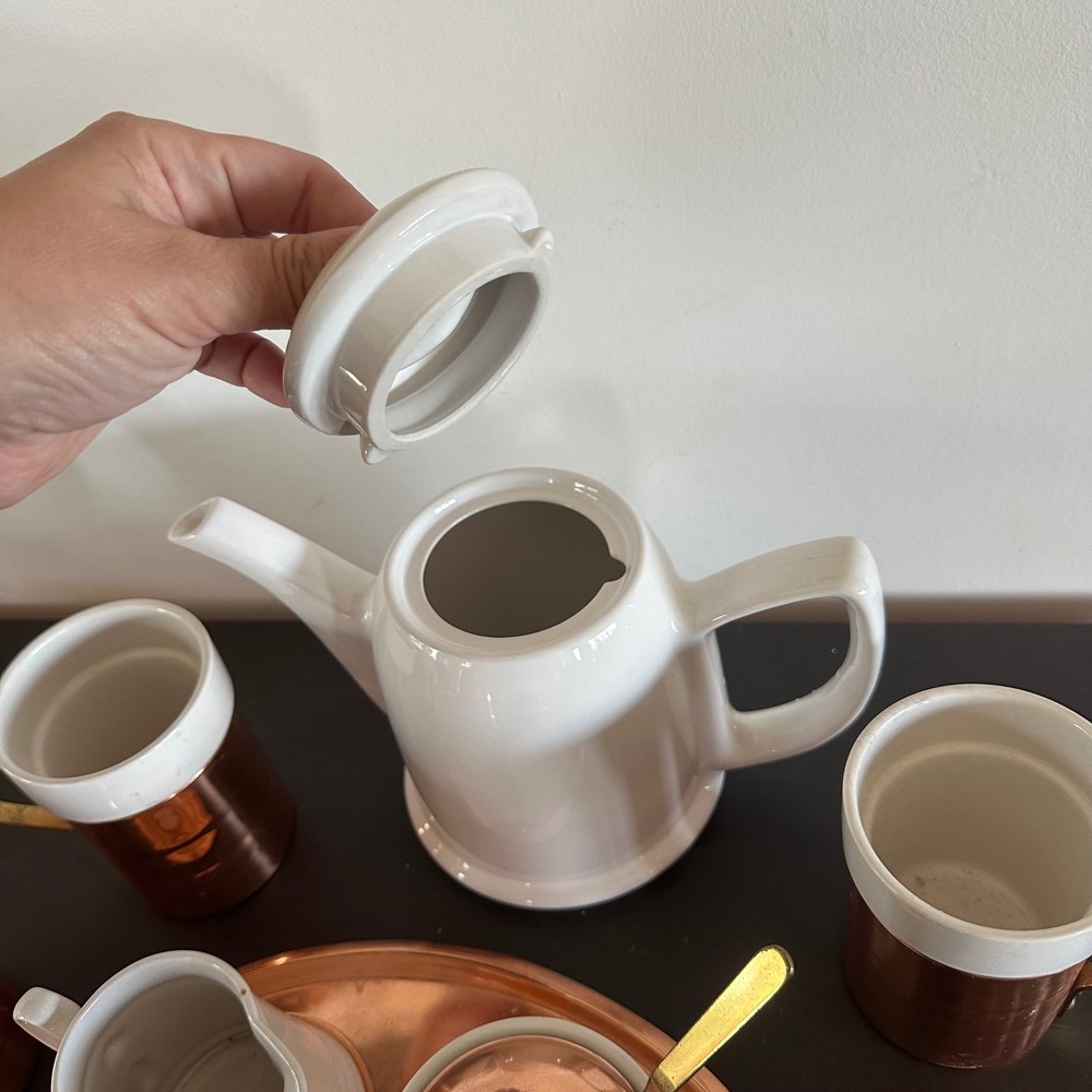 Vtg Baker Hart & Stuart Ceramic Copper Tea Set Teapot 4 Mugs Creamer 9pc Service - Picture 9 of 16